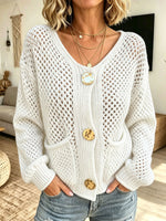 Women V‑Neck Hollow Knit Cardigan With Oversized Decorative Buttons & Pockets