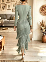 Women's Plunging V-Neck Tiered Fringe Midi Dress