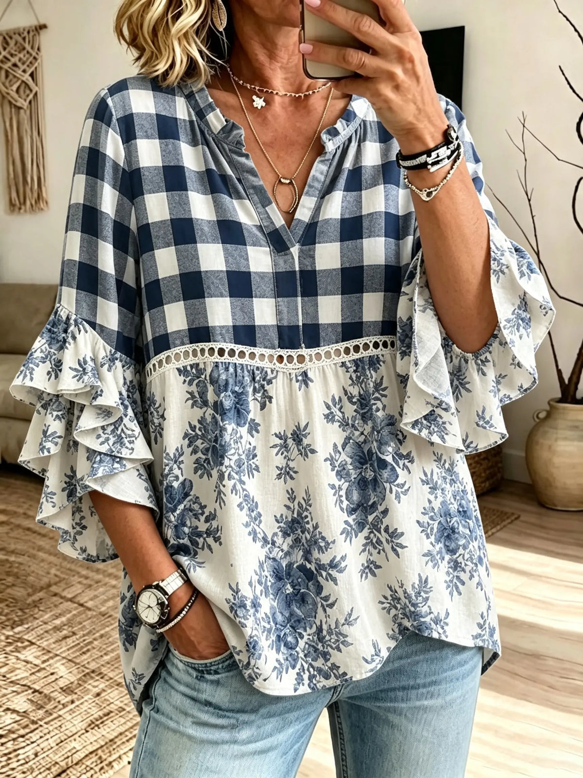 Women's Plaid Floral Tiered Blouse