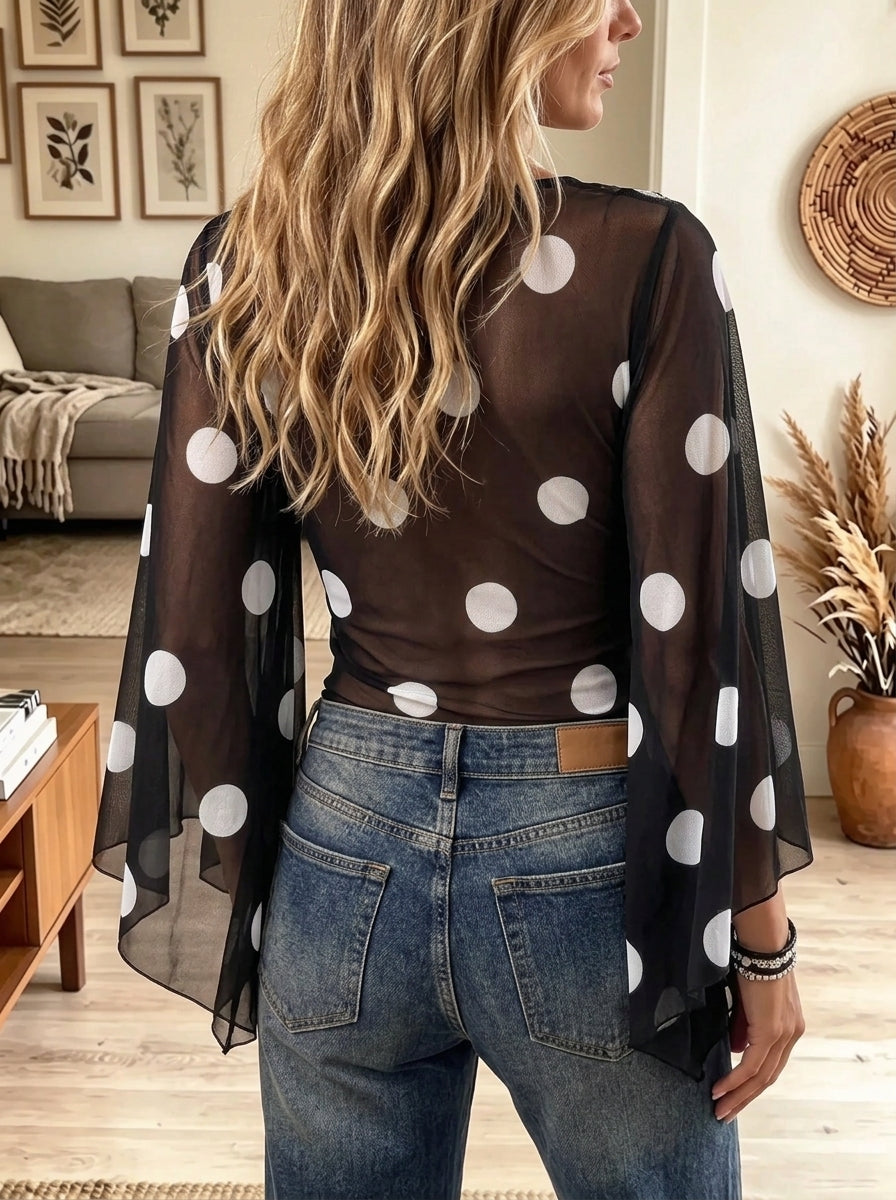 Women's Polka Dot Sheer Mesh Plunging Top