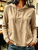 Women Solid Color Drawstring Hooded Long Sleeve Top With Pockets