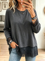 Women Fake Two‑Piece Lace Trim Long Sleeve Crew Neck Top