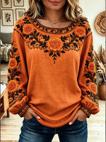 Women Vintage Floral Embroidery Lantern Print Long Sleeve Blouse
