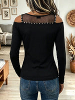 Women's Black Cold Shoulder Long Sleeve Top with Mesh Yoke and Zipper Hem