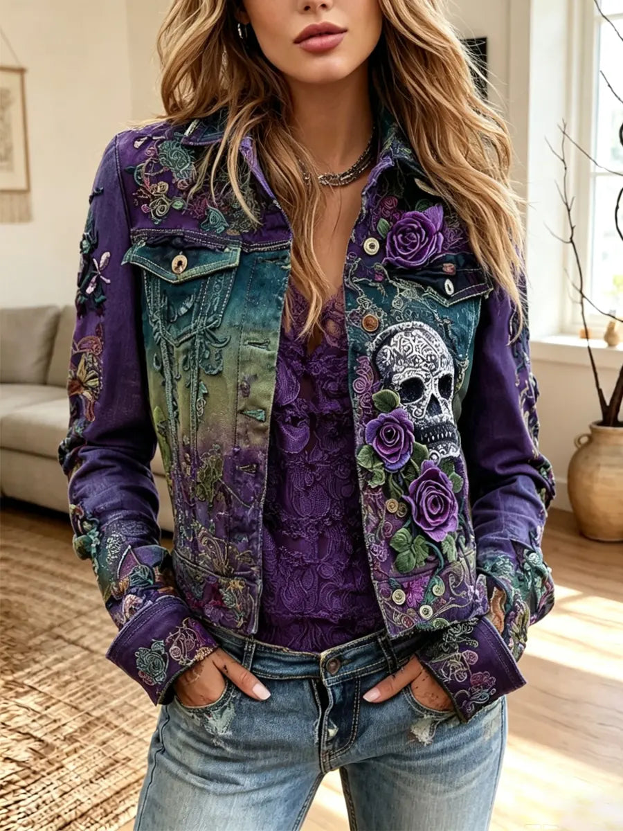 Retro Chic Floral Skull Art Casual Stylish Lapel Long Sleeve Denim Coat