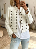 Women Military Double Breasted Cropped Denim Jacket