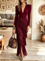 Women's Plunging V-Neck Tiered Fringe Midi Dress