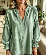 Women Boho Fringe V‑Neck Puff Long Sleeve Blouse Top