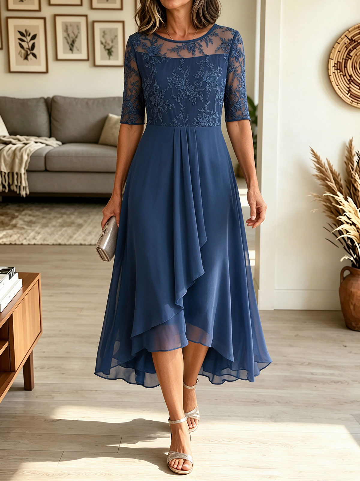 Women's Lace Chiffon Midi Formal Dress, Half Sleeve Floral Embroidery Cocktail Dress