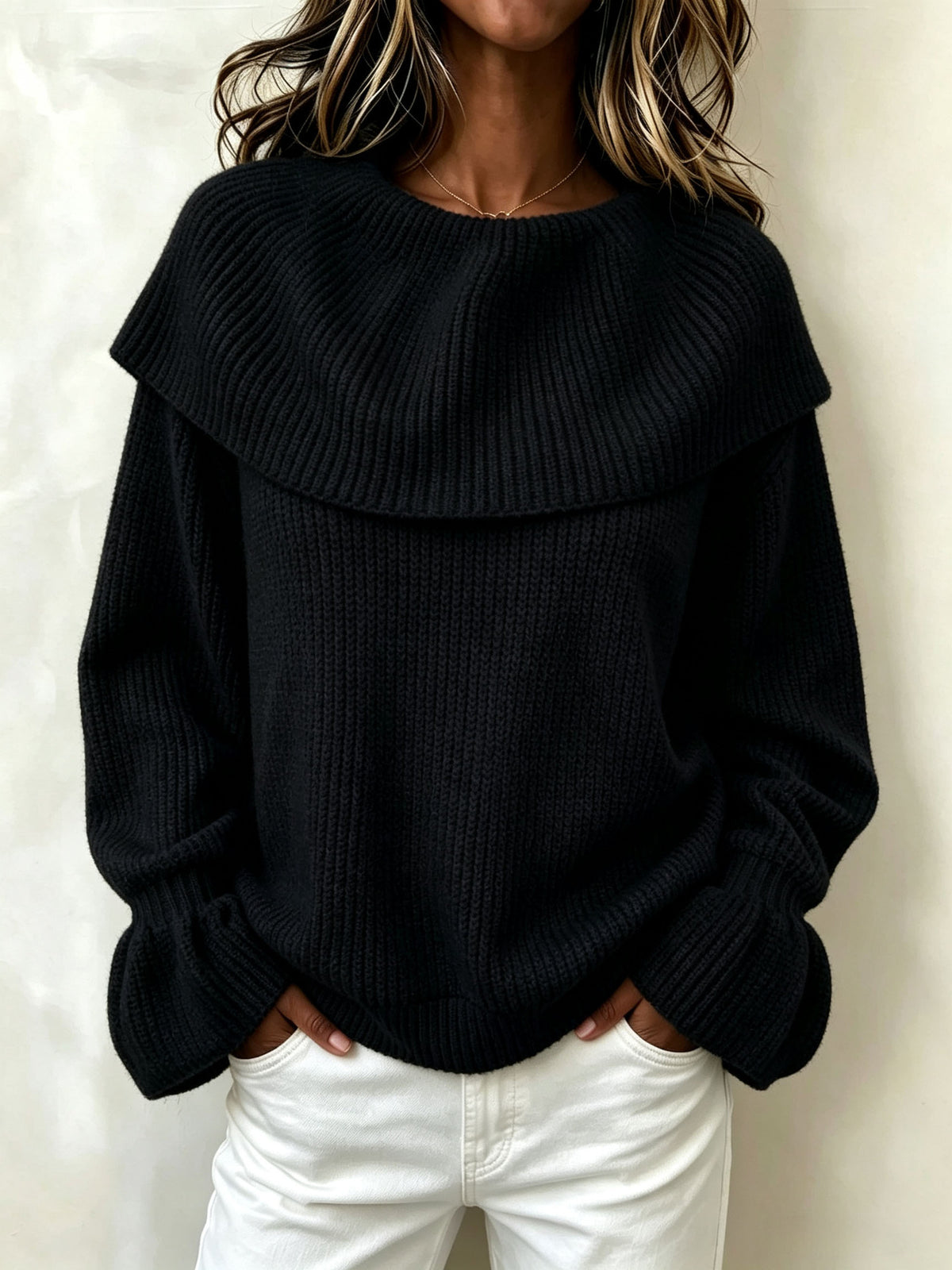 Women Off‑The‑Shoulder Big Fold‑Over Collar Ribbed Knit Sweater