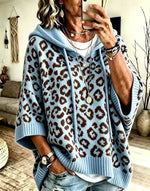 Women Leopard Print Drawstring Hooded Half‑Sleeve Knit Sweater