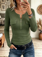 Women's Ring Zipper Flap Pocket Ribbed Top
