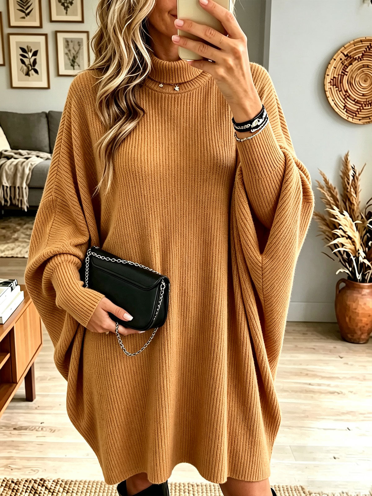 Women's Turtleneck Batwing Knit Sweater Dress, Dolman Sleeve Loose Midi Pullover Dress