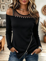 Women's Black Cold Shoulder Long Sleeve Top with Mesh Yoke and Zipper Hem