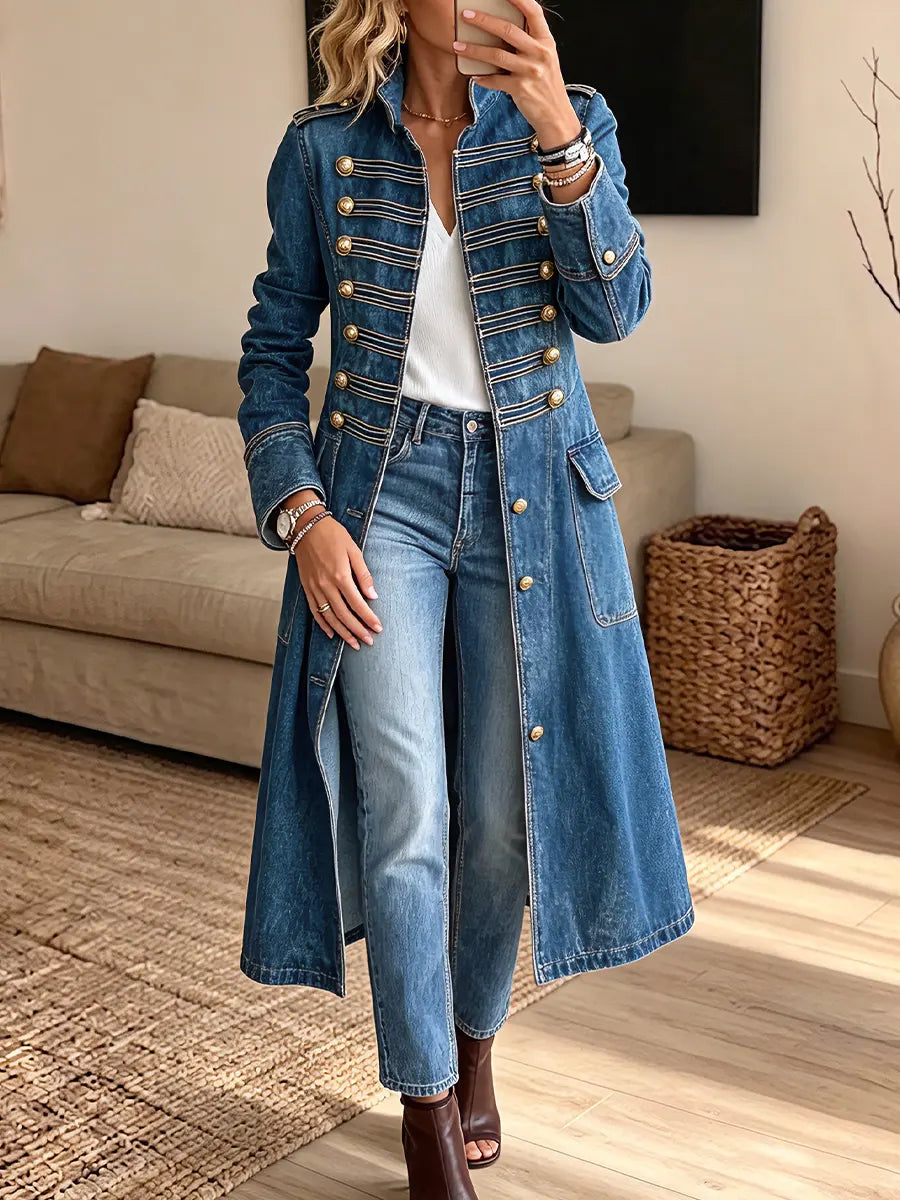 Vintage Elegant Washed Denim Military Officer Longline Gold-Button Fitted Statement Coat
