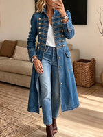 Vintage Elegant Washed Denim Military Officer Longline Gold-Button Fitted Statement Coat