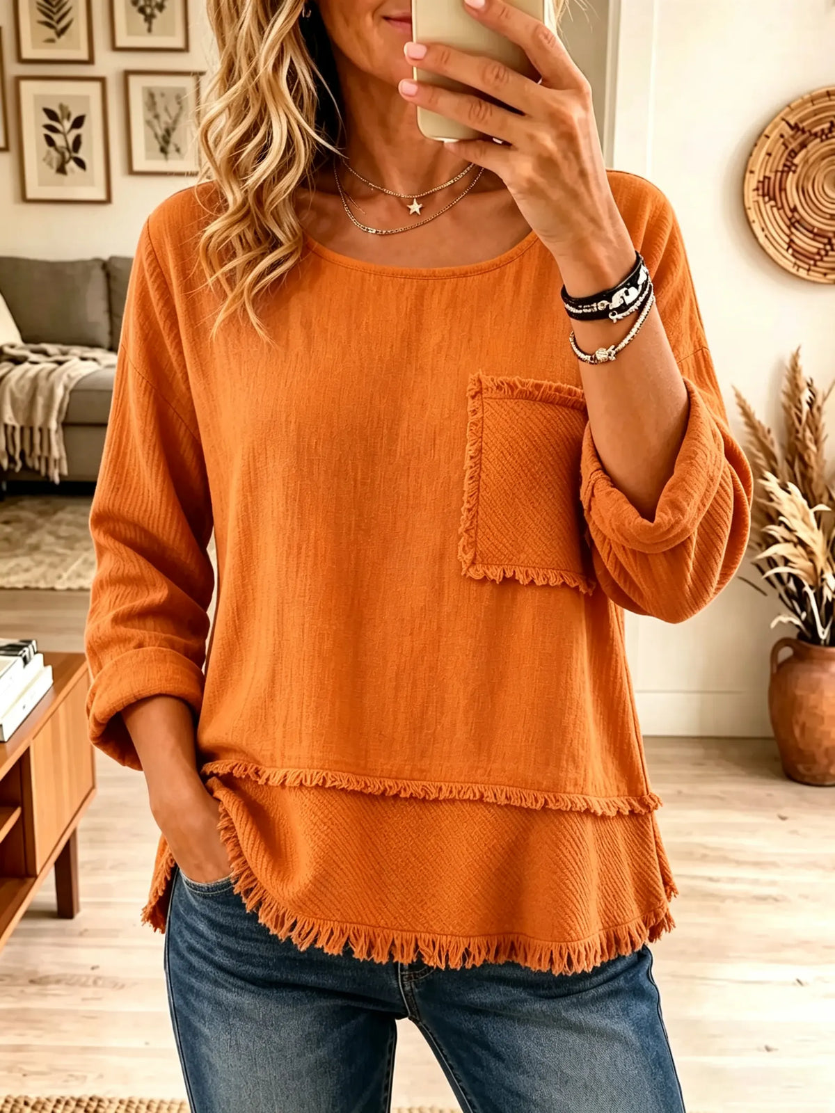 Women's Frayed Trim Textured Scoop Neck Tunic Top