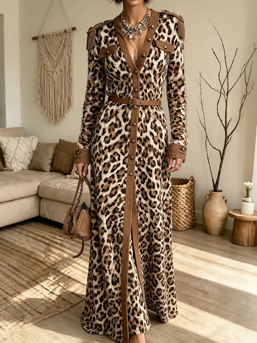 Women's Leopard Print Long-sleeve V-neck Cardigan Long Dress（Belt not included）