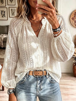 Vintage Elegant Hollow-out Lace V-neck Long-sleeved Shirt
