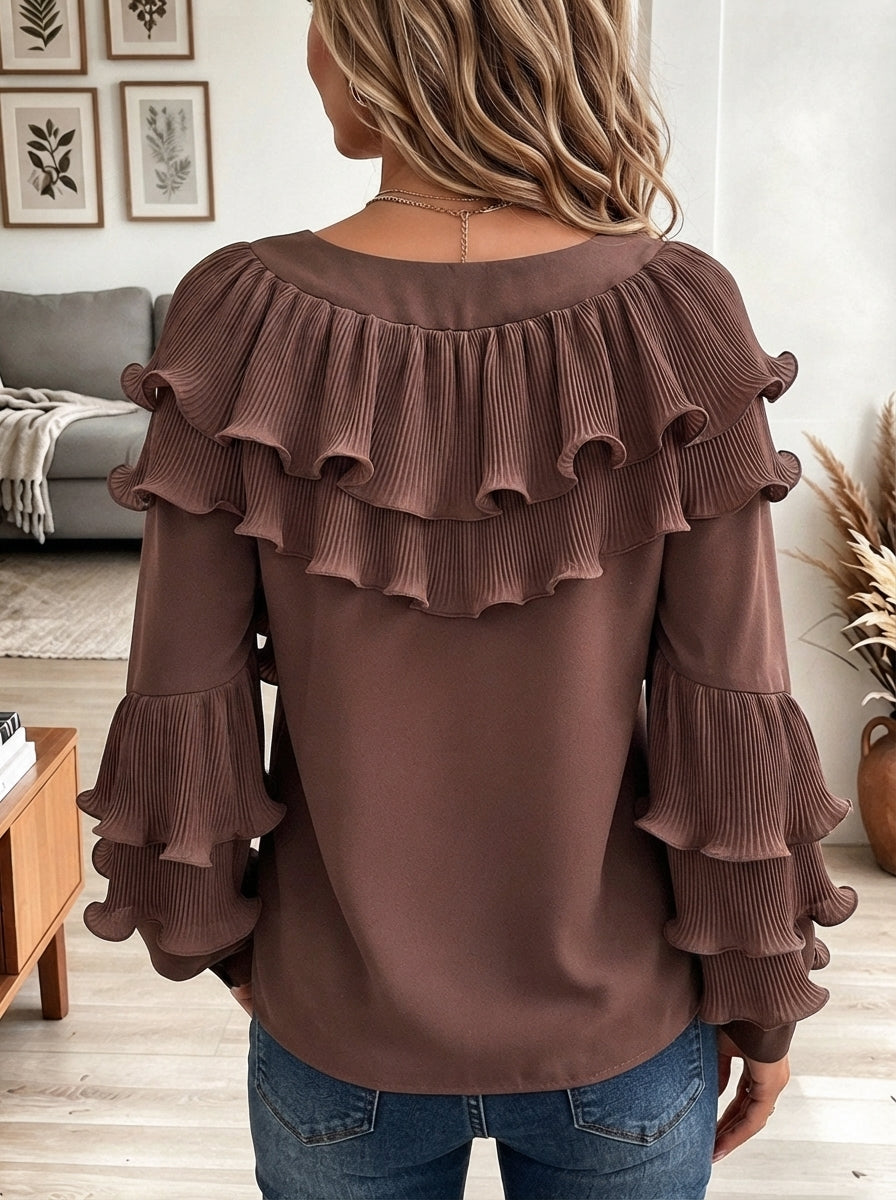 Women's Brown V-Neck Long Sleeve Top with Layered Pleated Ruffles