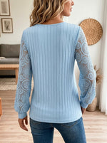 Women Ribbed V Neck O-Ring Lace Splice Long Puff Sleeve Casual Blouse