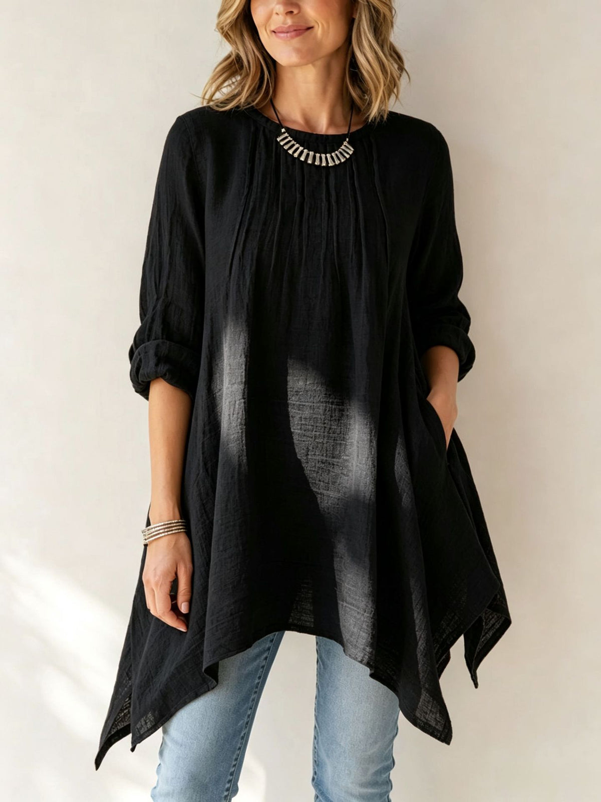 Women's Linen Blend Pleated Tunic Top, 3/4 Sleeve Irregular Hem Loose Shirt with Pockets