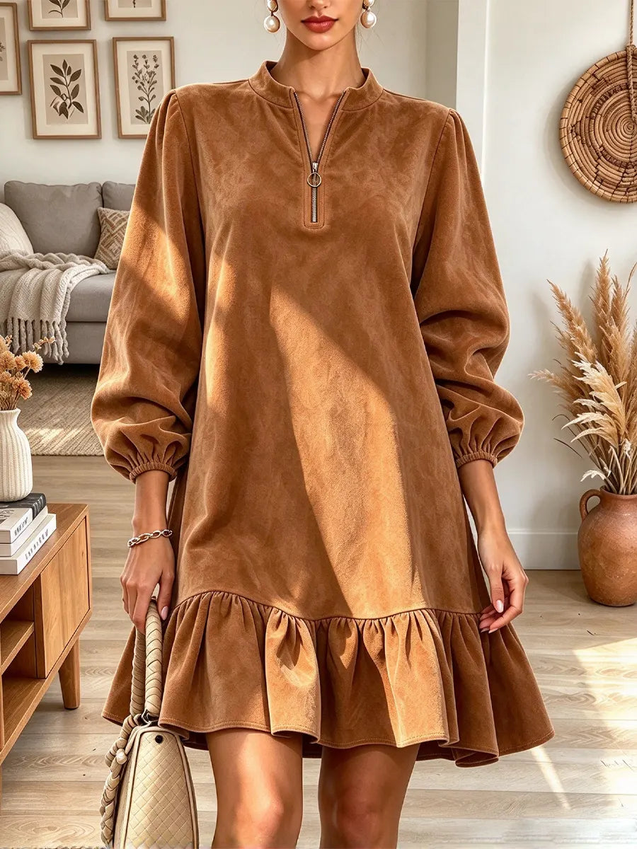 Vintage Chic Ruffle Zip Art Casual Stylish Long Sleeve Suede Dress