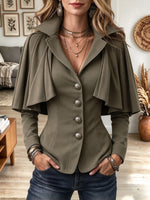 Women's Olive Green Cape-Style Blazer Jacket with Lapel Collar and Ornate Buttons