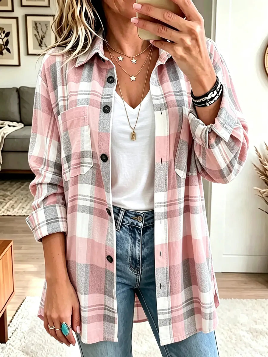 Women's Plaid Long-sleeve Collared Cardigan Top