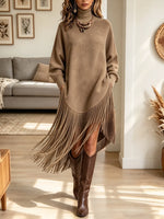 Women's High Neck Asymmetrical Fringe Hem Suede Dress