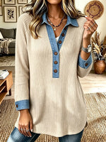 Women's Denim Patchwork Ribbed Henley Long-sleeve Top