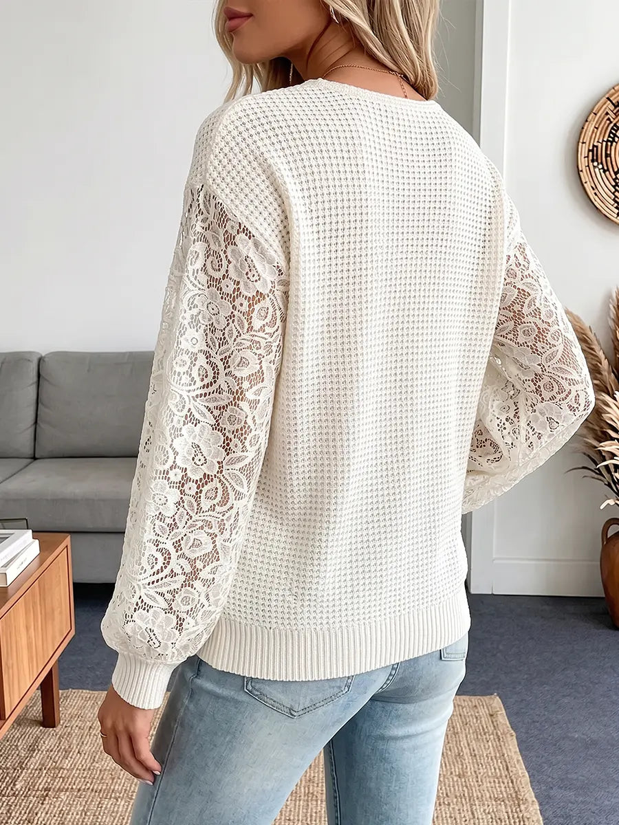Vintage Elegant Waffle Patchwork Cut-out Lace Shirt