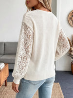 Vintage Elegant Waffle Patchwork Cut-out Lace Shirt