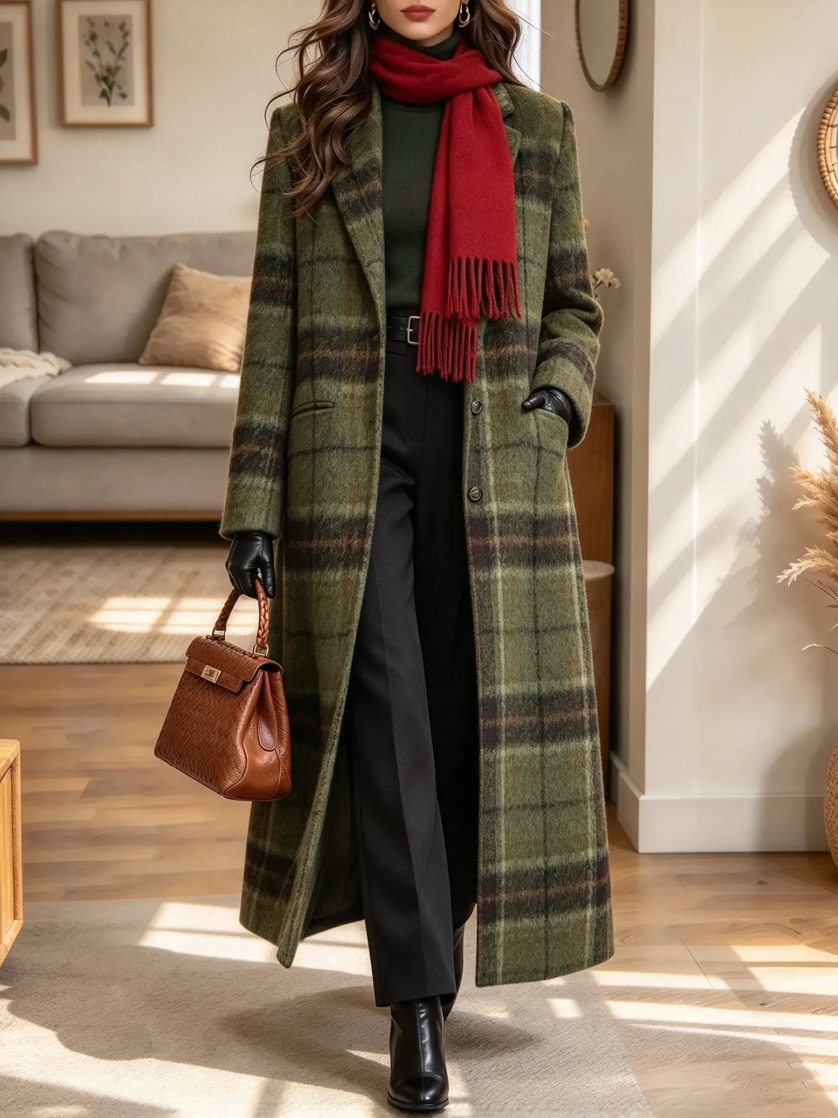 Women's Plaid Woolen Maxi Coat