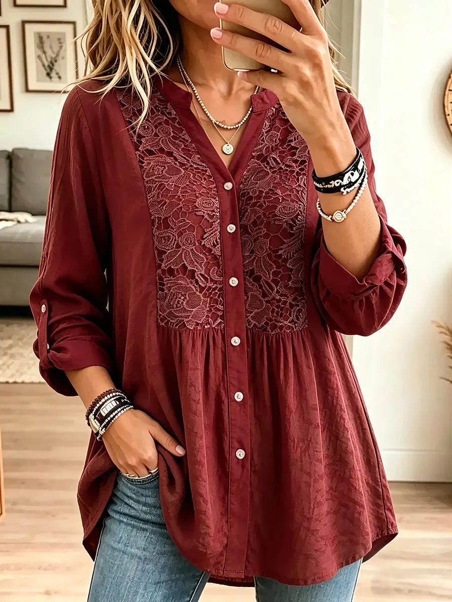 Vintage Elegant Fashionable Loose-fitting Openwork Lace Trim Shirt