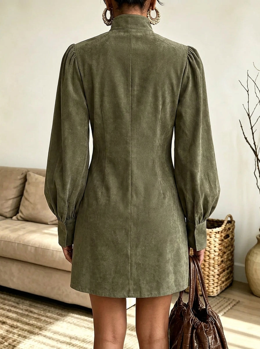 Women's Military Braided Trim Zip-Front Suede Mini Dress