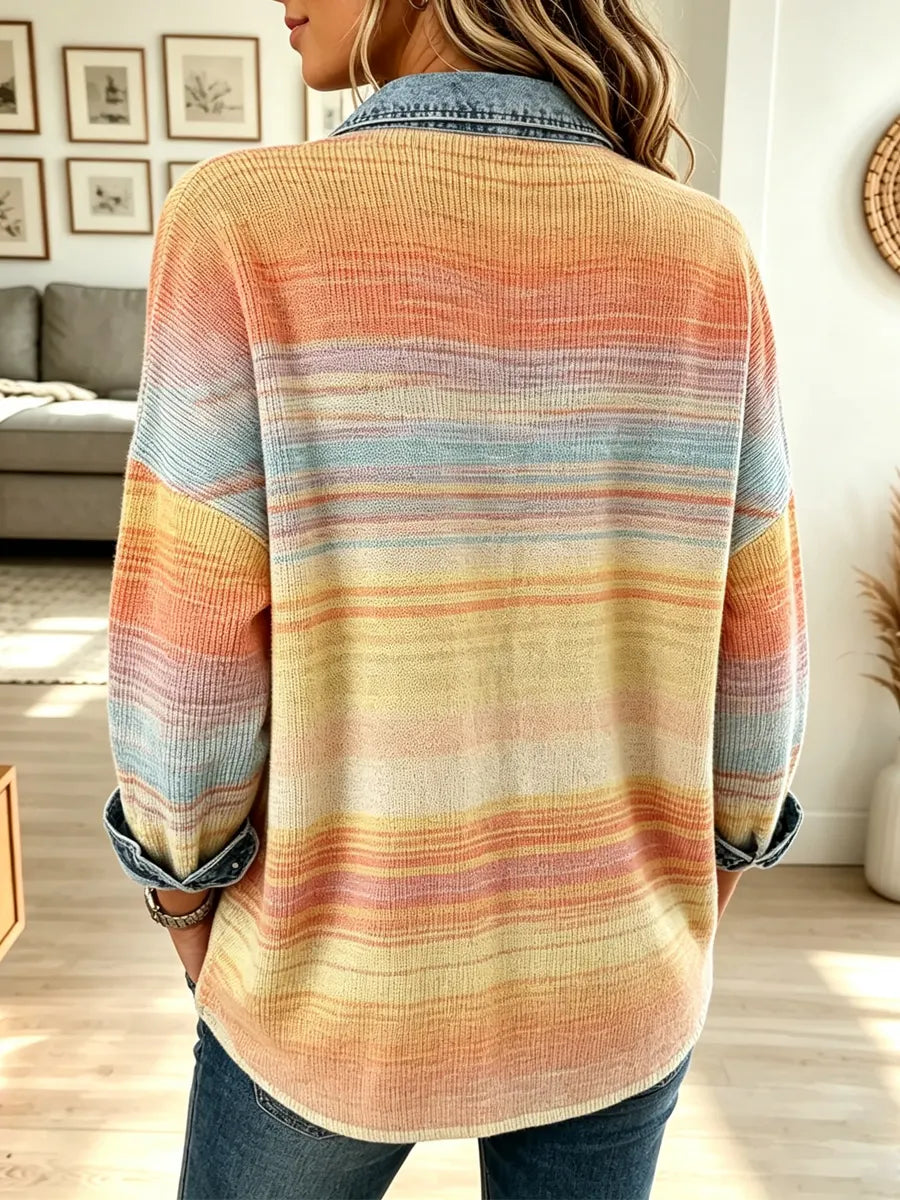 Retro Gradient Knitted Denim Art Patchwork Casual Stylish Long Sleeve Shirt