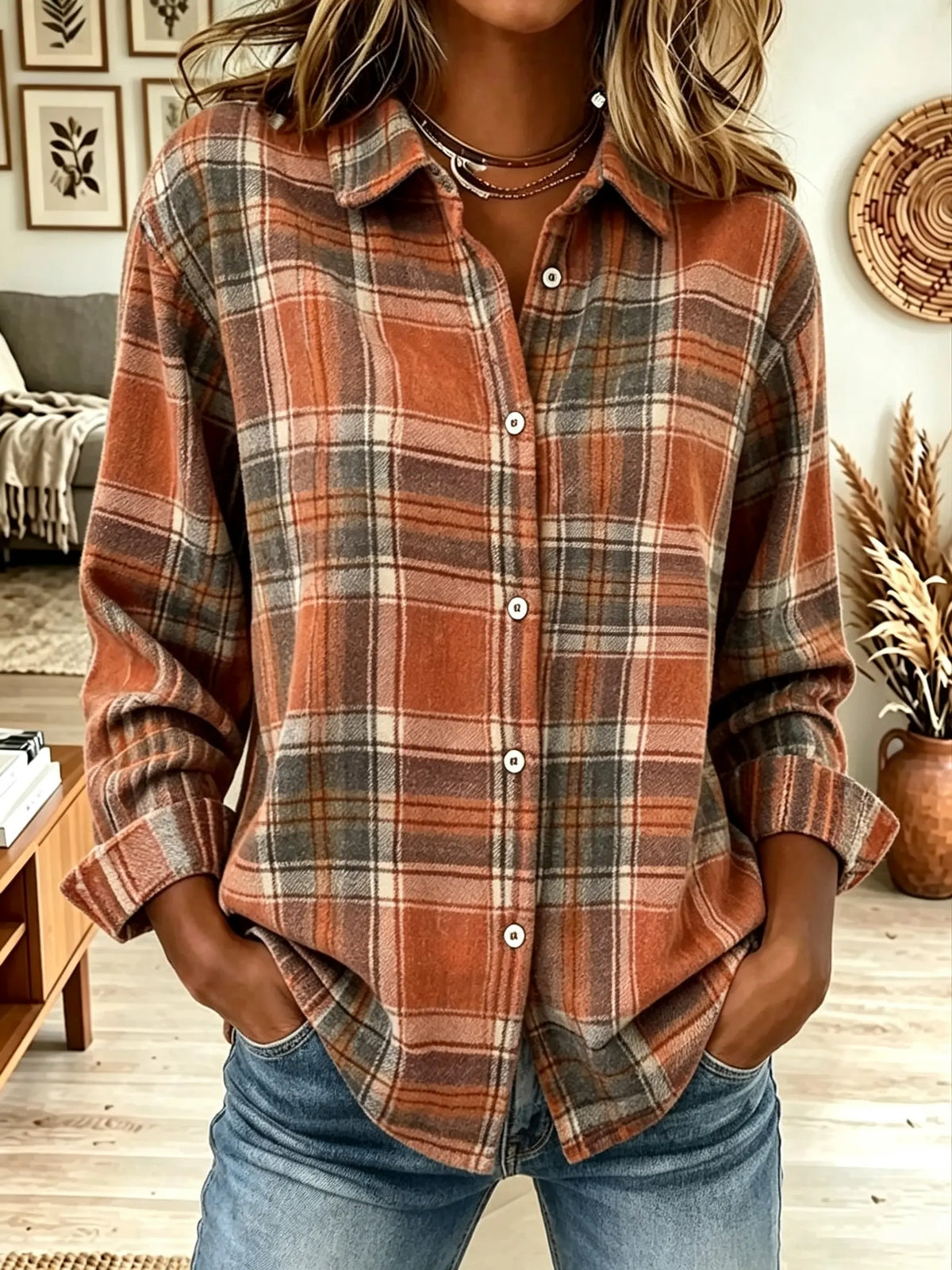 Women's Plaid Flannel Button-Down Shirt