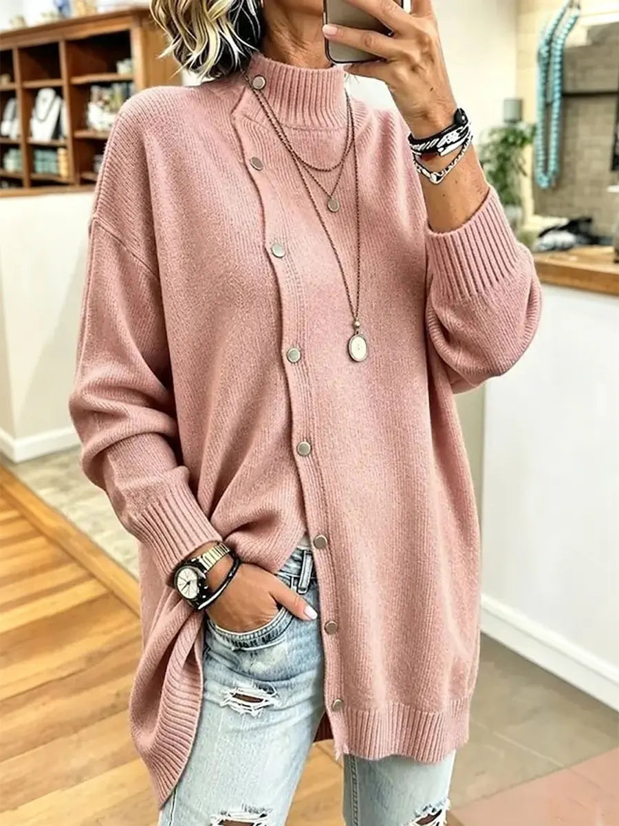 Cozy Turtleneck Knit Art Casual Button Stylish Long Sleeve Sweater Coat