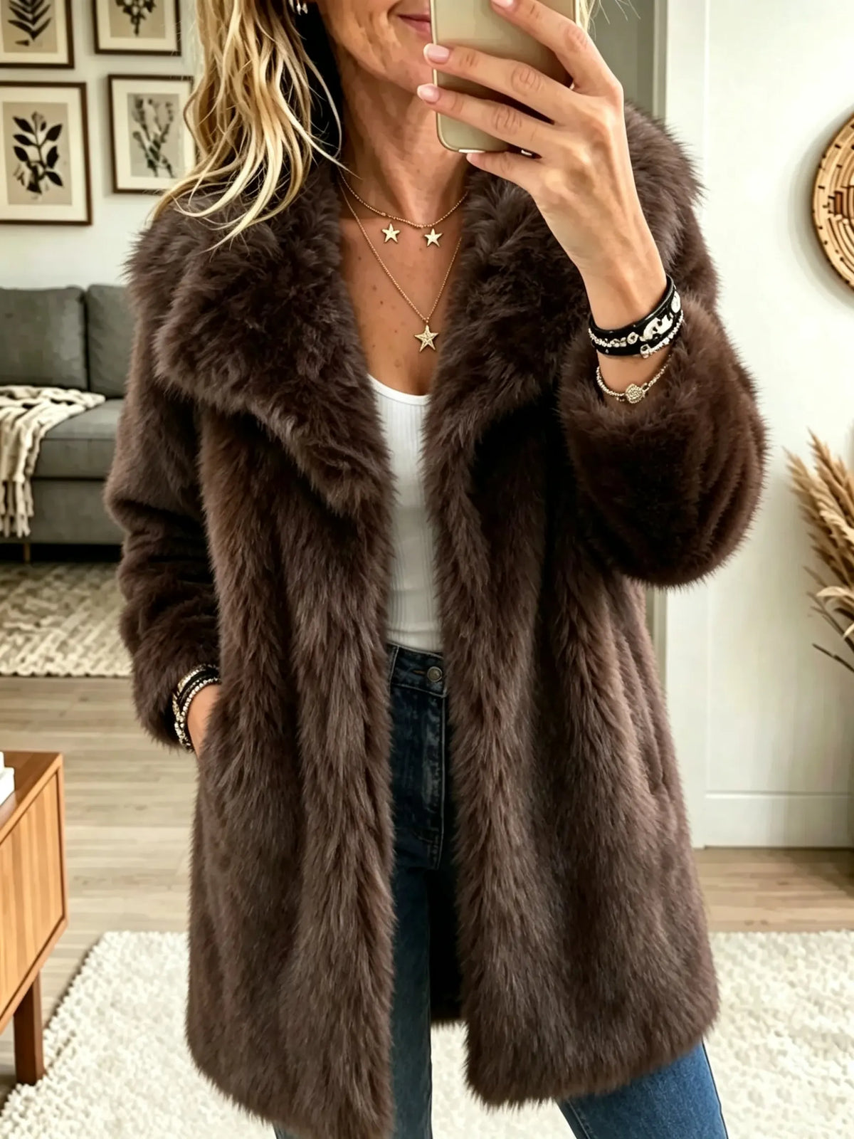 Women's Plush Faux Fur Notch Lapel Midi Coat