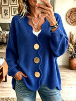 Women's Wavy Edge V Neck Knit Cardigan, Oversized Big Gold Button Long Sleeve Sweater Coat