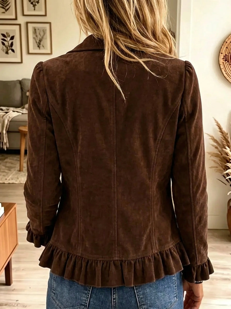 Women's Ruffled Trim Double-Breasted Suede Blazer