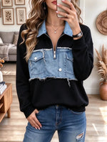 Retro Chic Lapel Denim Patchwork Art Casual Stylish Long Sleeve Sweatshirt