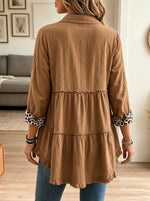 Women Brown Frayed Hem Leopard Cuff Collar Babydoll Tunic Shirt