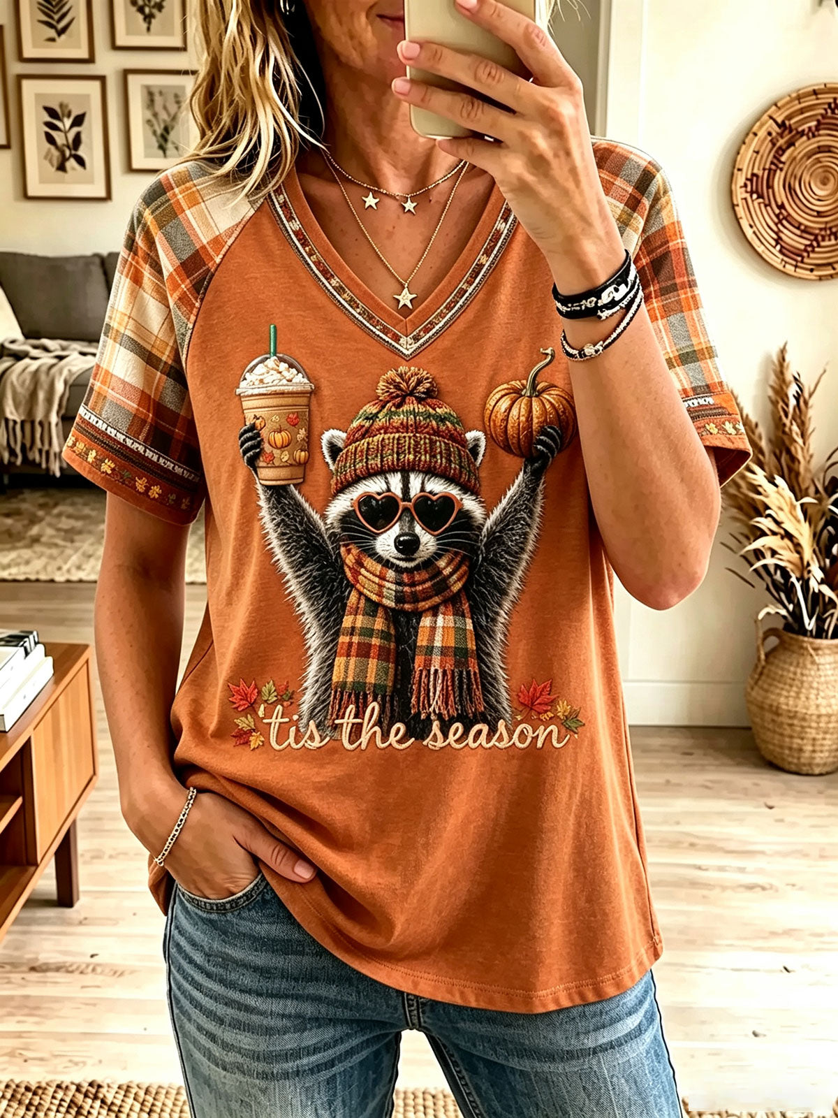 Women Fall Raccoon Pumpkin Print Plaid Raglan V Neck T Shirt