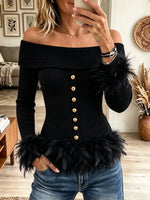 Women's Feather Trim Off-the-Shoulder Button Top