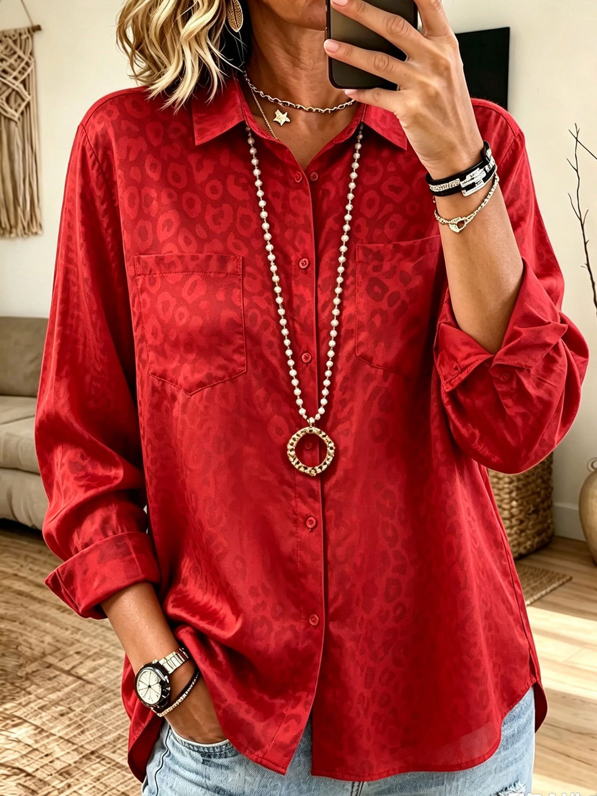 Women Red Leopard Jacquard Long Sleeve Button‑Down Shirt