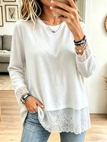 Women Fake Two‑Piece Lace Trim Long Sleeve Crew Neck Top