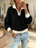 Women Solid Color Block Half Zip Collar Knit Sweater