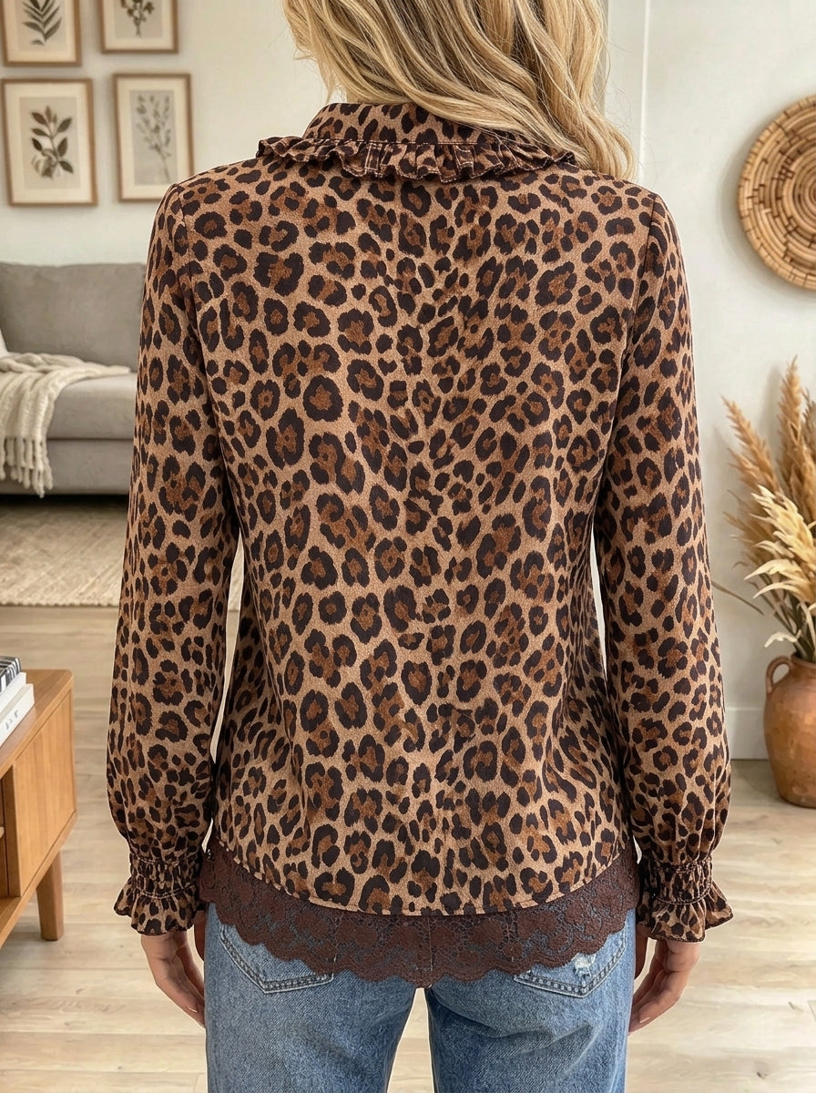 Women's Leopard Ruffle Button-Down Blouse